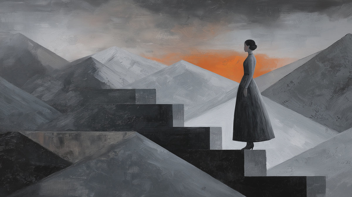 Abstract Mountain Ascent Mural Wallpaper — Minimalist Grey and Orange Mural Wallpaper - room preview 02