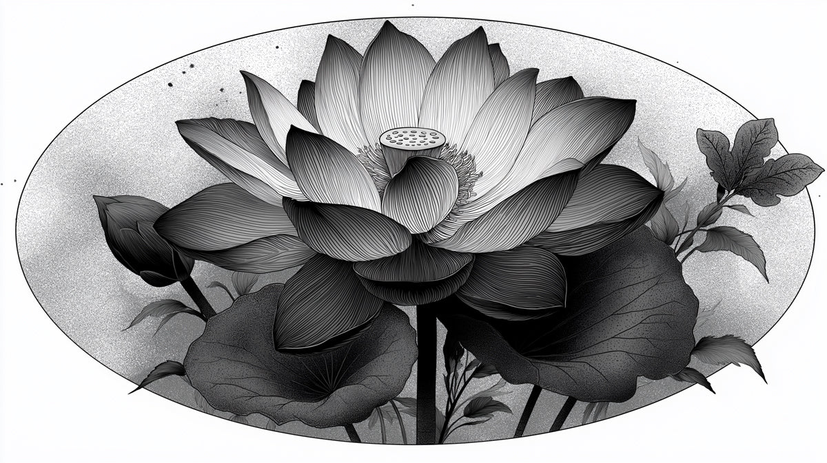 Lotus Blossom Engraving Mural Wallpaper — Sophisticated Monochrome Mural Wallpaper - room preview 02