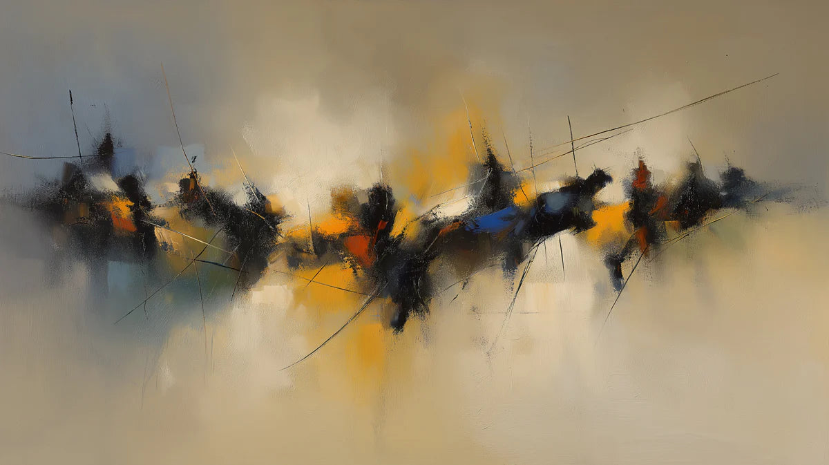 Abstract Horizon Mural Wallpaper — Warm Ochre and Charcoal Lines Mural Wallpaper - room preview 02