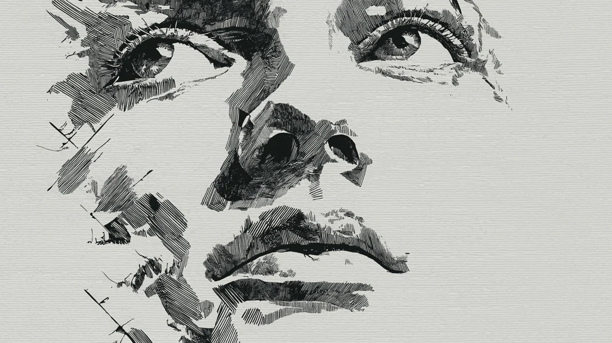 Intense Gaze Portrait Mural Wallpaper — Expressive Line Art Mural Wallpaper - room preview 02