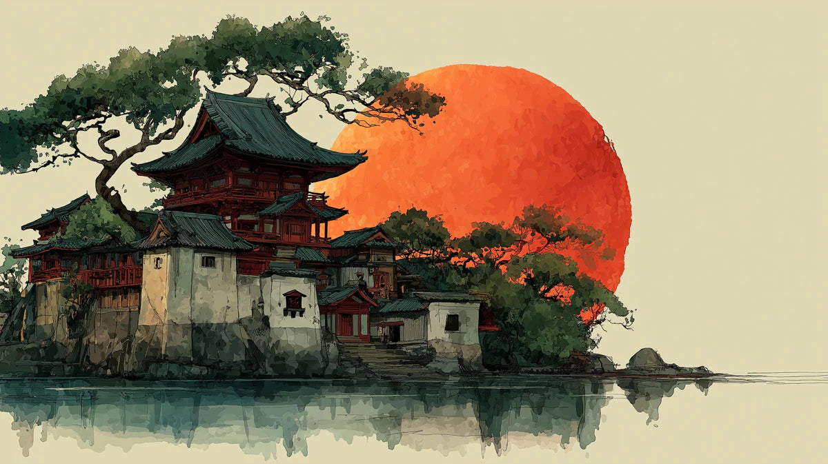 Japanese Temple Sunset Mural Wallpaper with Fiery Orange Sun Mural Wallpaper - room preview 02