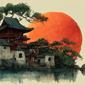 Japanese Temple Sunset Mural Wallpaper with Fiery Orange Sun Mural Wallpaper - room preview 02