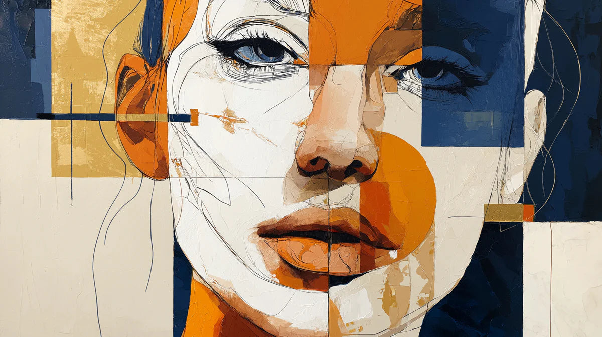 Abstract Portrait Geometric Mural Wallpaper in Navy and Ochre Mural Wallpaper - room preview 02
