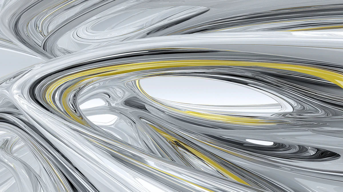 Metallic Silver and Ochre Yellow Fluid Swirls Mural Wallpaper - room preview 02