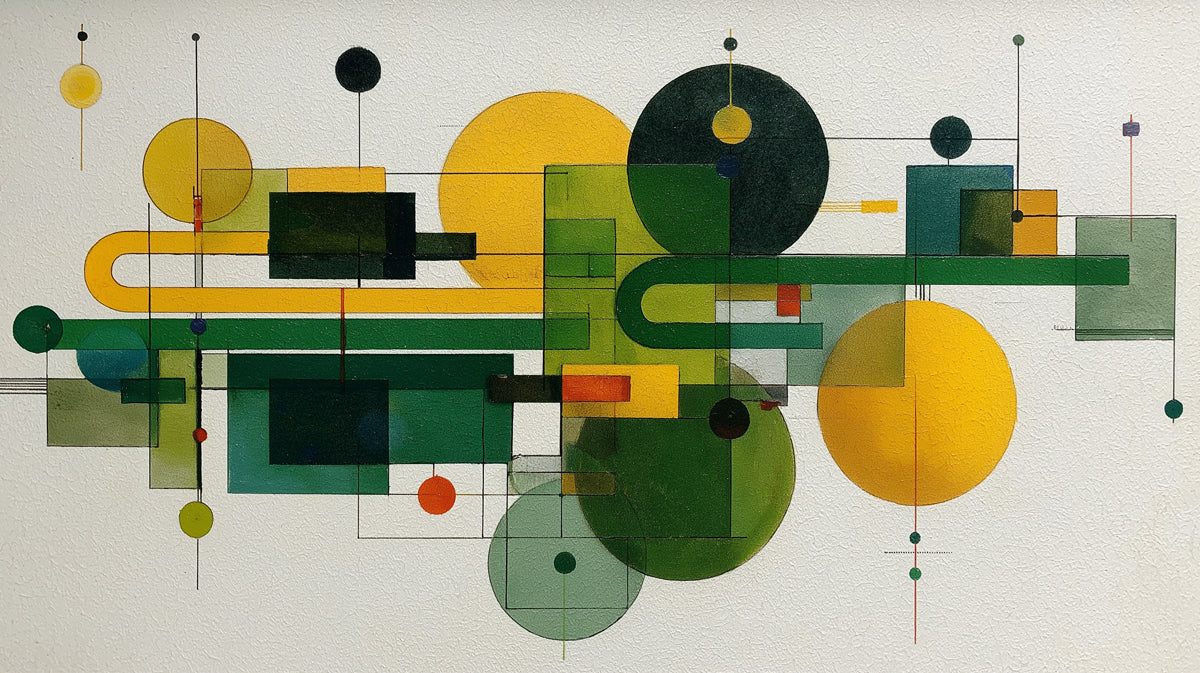 Abstract Bauhaus Geometric Mural Wallpaper in Green and Yellow Mural Wallpaper - room preview 02