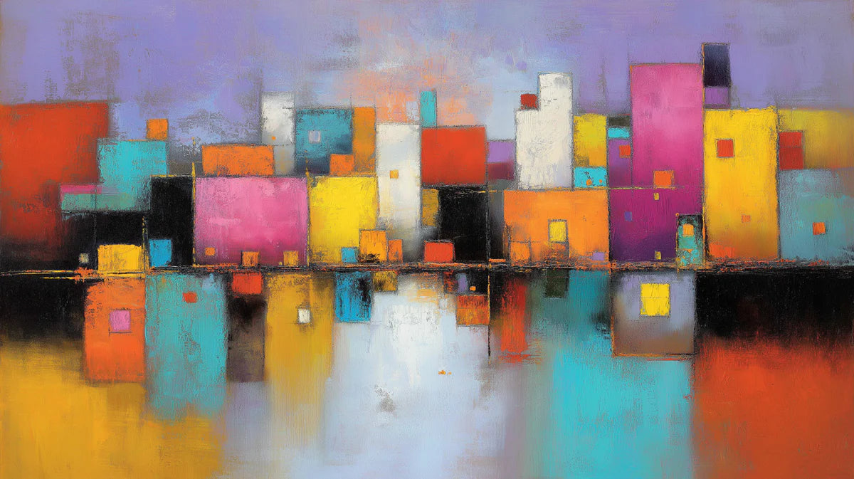 Abstract Urban Reflection Mural Wallpaper — Colorful Cityscape Art Mural Wallpaper - room preview 02