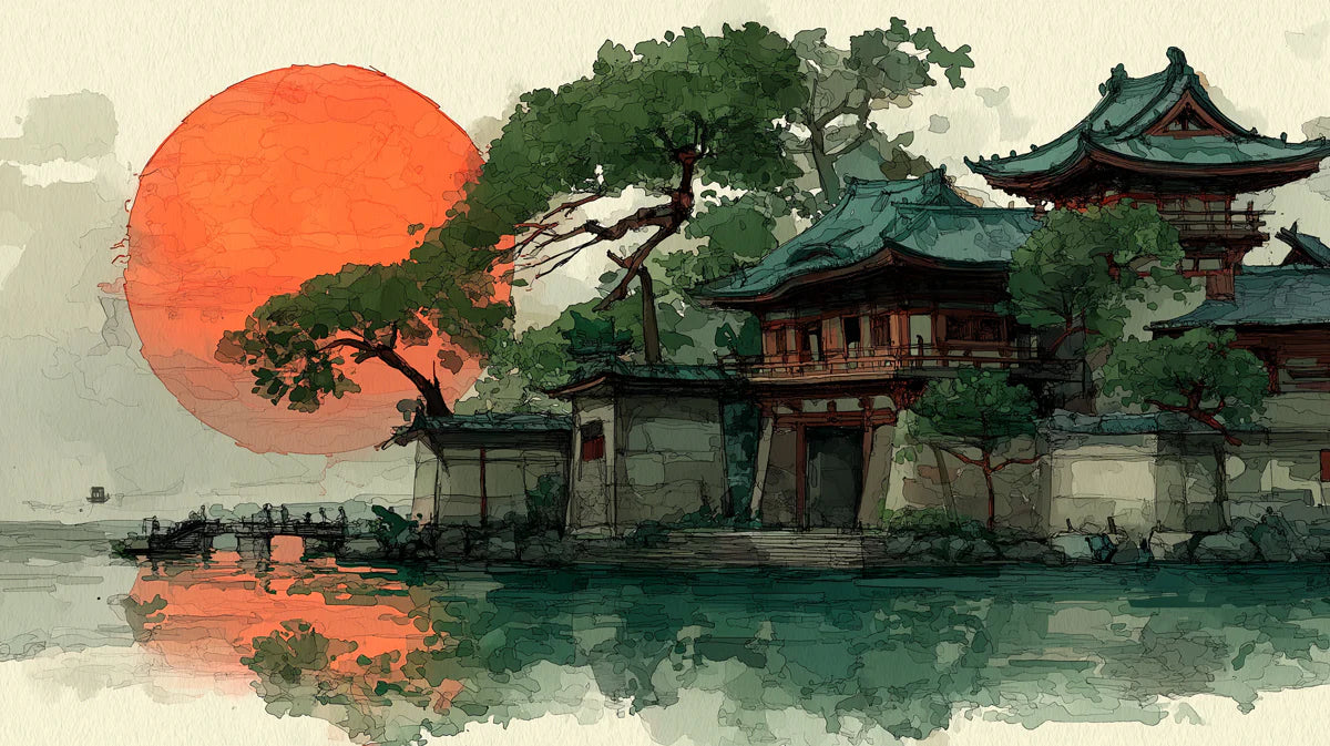 Japanese Temple Sunset Mural Wallpaper — Ink Wash Architectural Art Mural Wallpaper - room preview 02