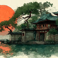 Japanese Temple Sunset Mural Wallpaper — Ink Wash Architectural Art Mural Wallpaper - room preview 02