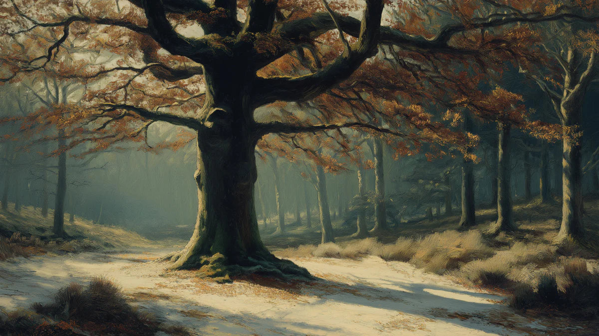 Autumn Oak Forest Path Mural Wallpaper — Impressionistic Woodland Mural Wallpaper - room preview 02
