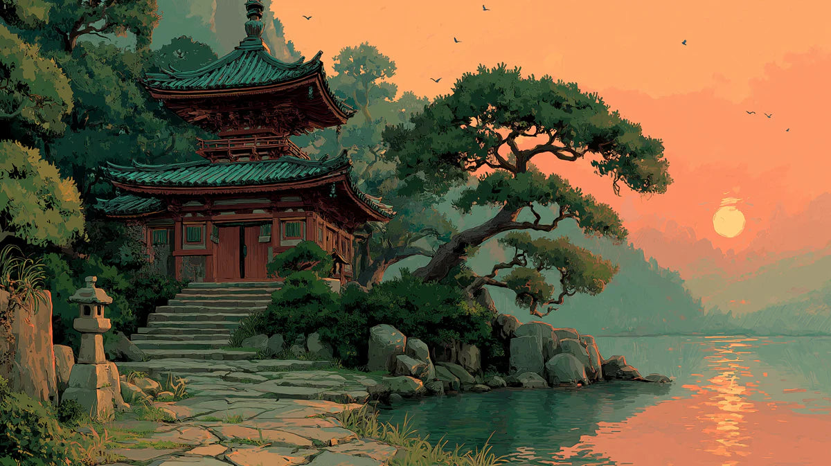 Japanese Pagoda Lake Mural Wallpaper — Warm Sunset Landscape Mural Wallpaper - room preview 02