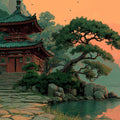 Japanese Pagoda Lake Mural Wallpaper — Warm Sunset Landscape Mural Wallpaper - room preview 02