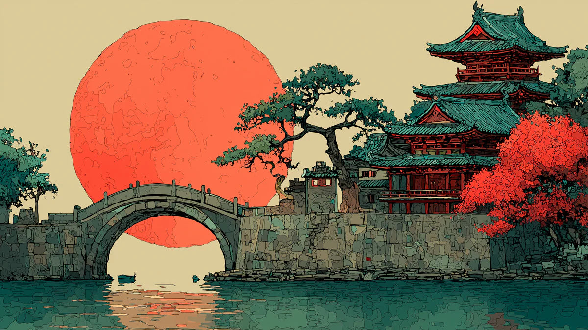 Japanese Temple and Red Sun Mural Wallpaper — Artistic Landscape Mural Wallpaper - room preview 02