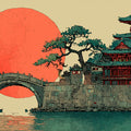 Japanese Temple and Red Sun Mural Wallpaper — Artistic Landscape Mural Wallpaper - room preview 02