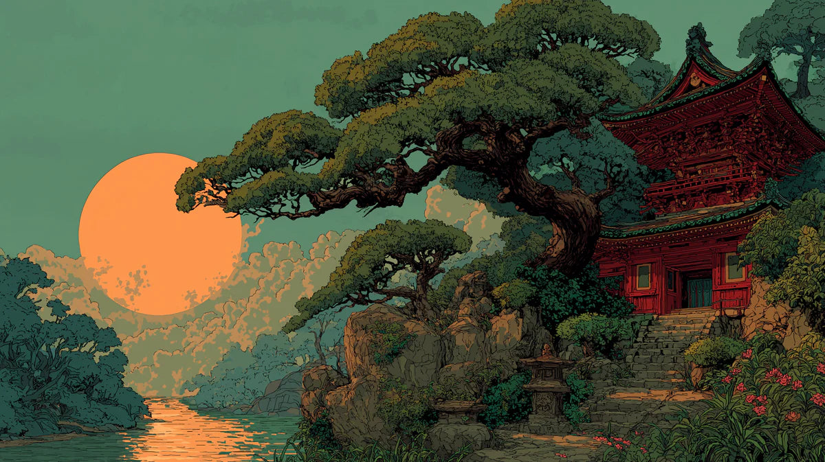 Japanese Temple Pagoda Mural Wallpaper with Sunset Glow Mural Wallpaper - room preview 02