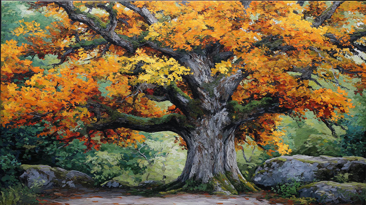 Autumn Oak Impressionist Mural Wallpaper — Rich Forest Landscape Mural Wallpaper - room preview 02