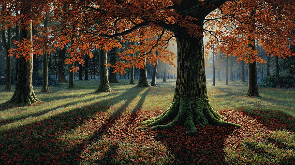 Autumn Forest Sunlight Mural Wallpaper — Rich Woodland Landscape Mural Wallpaper - room preview 02