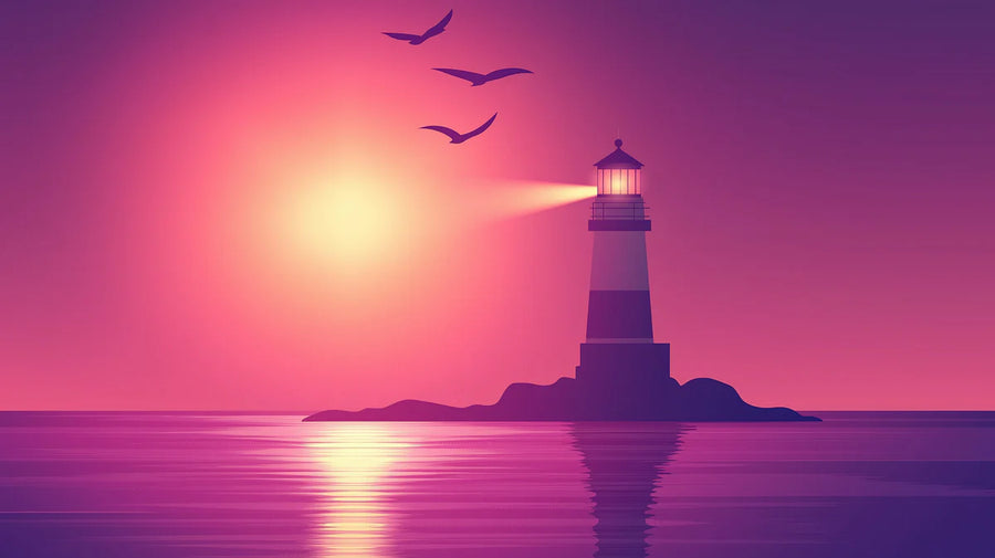 Coastal Wallpaper Mural – Seaside Wall Mural – Coastal Lighthouse Sunset — Dreamy Gradient Art printable artwork