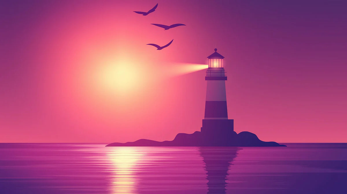 Coastal Lighthouse Sunset Mural Wallpaper — Dreamy Gradient Art Mural Wallpaper - room preview 02