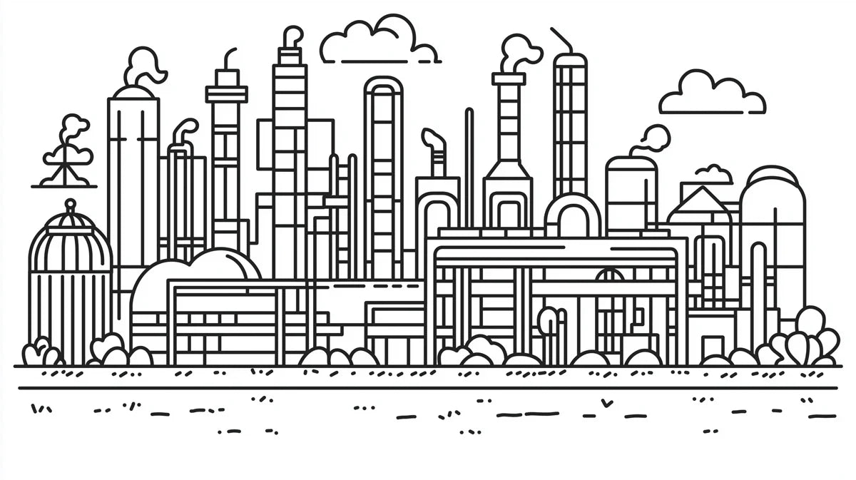 Industrial Factory Skyline Mural Wallpaper — Linear Urban Art Mural Wallpaper - room preview 02