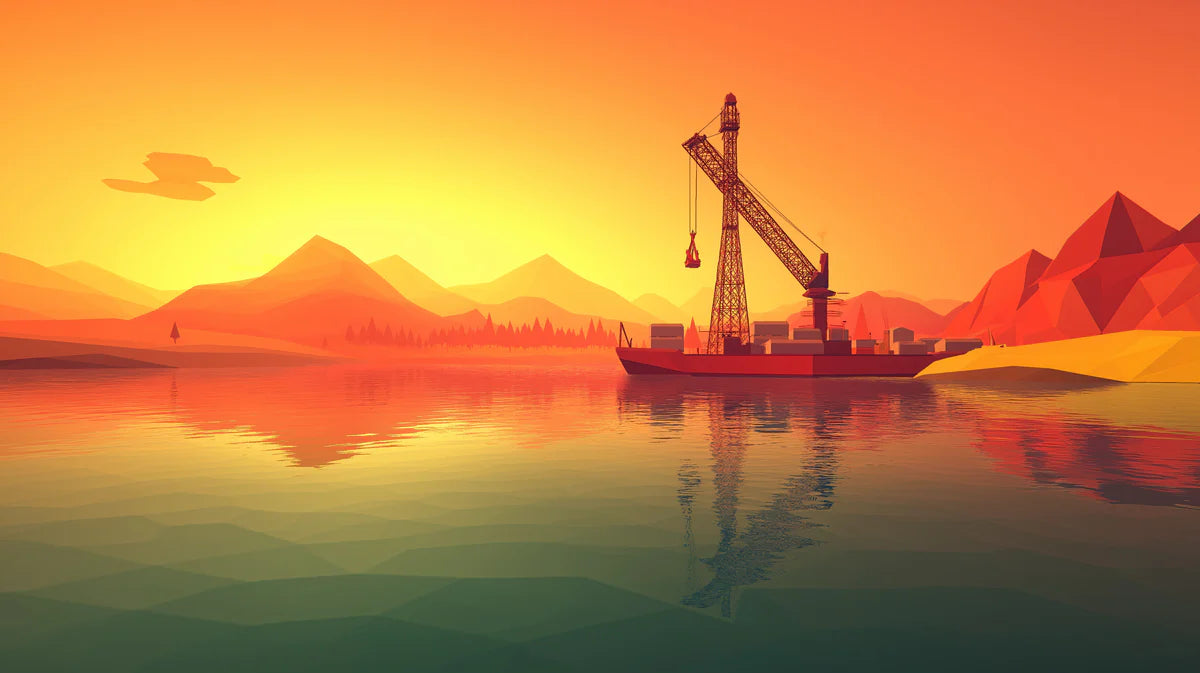 Industrial Port Sunset Mural Wallpaper — Stylized Low-Poly Landscape Mural Wallpaper - room preview 02