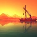 Industrial Port Sunset Mural Wallpaper — Stylized Low-Poly Landscape Mural Wallpaper - room preview 02