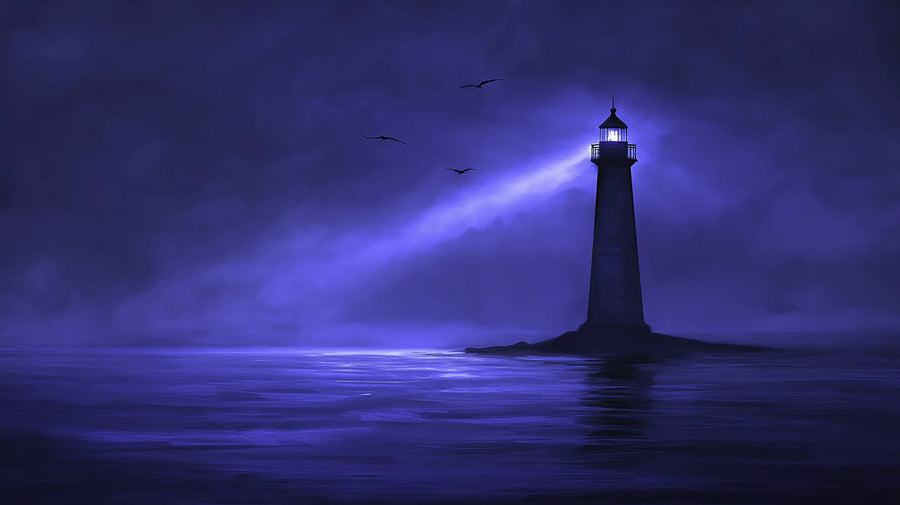 Coastal Wallpaper Mural – Seaside Wall Mural – Midnight Lighthouse — Ethereal Coastal Scene printable artwork