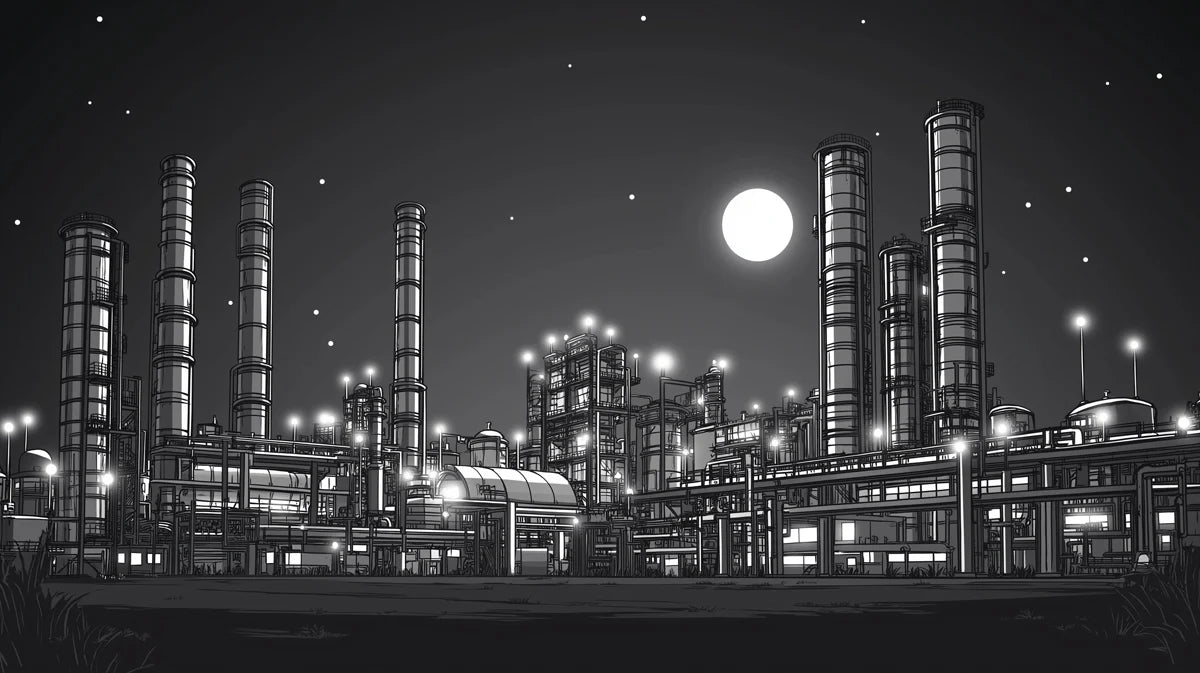 Industrial Nightscape Mural Wallpaper — Monochrome Factory Scene Mural Wallpaper - room preview 02