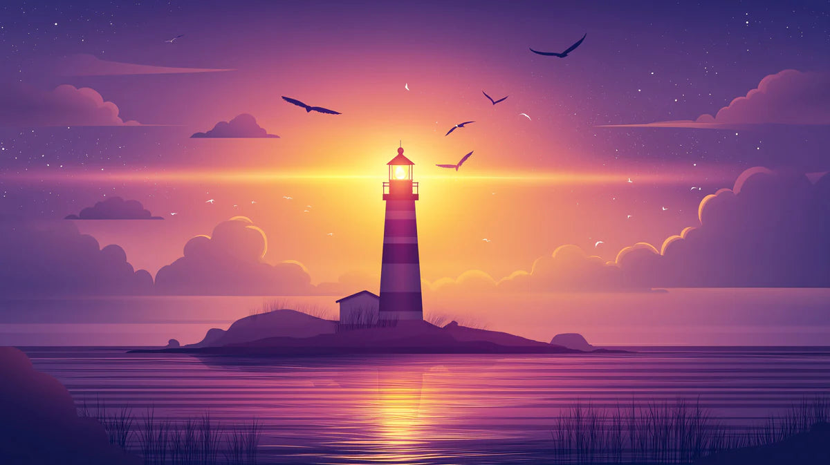 Coastal Lighthouse Sunset Mural Wallpaper — Dreamy Horizon Scene Mural Wallpaper - room preview 02
