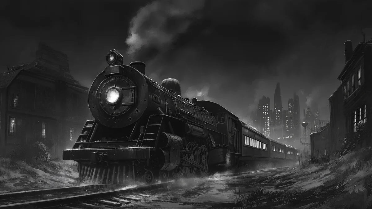Vintage Steam Train Night Mural Wallpaper — Monochrome City Scene Mural Wallpaper - room preview 02