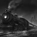 Vintage Steam Train Night Mural Wallpaper — Monochrome City Scene Mural Wallpaper - room preview 02