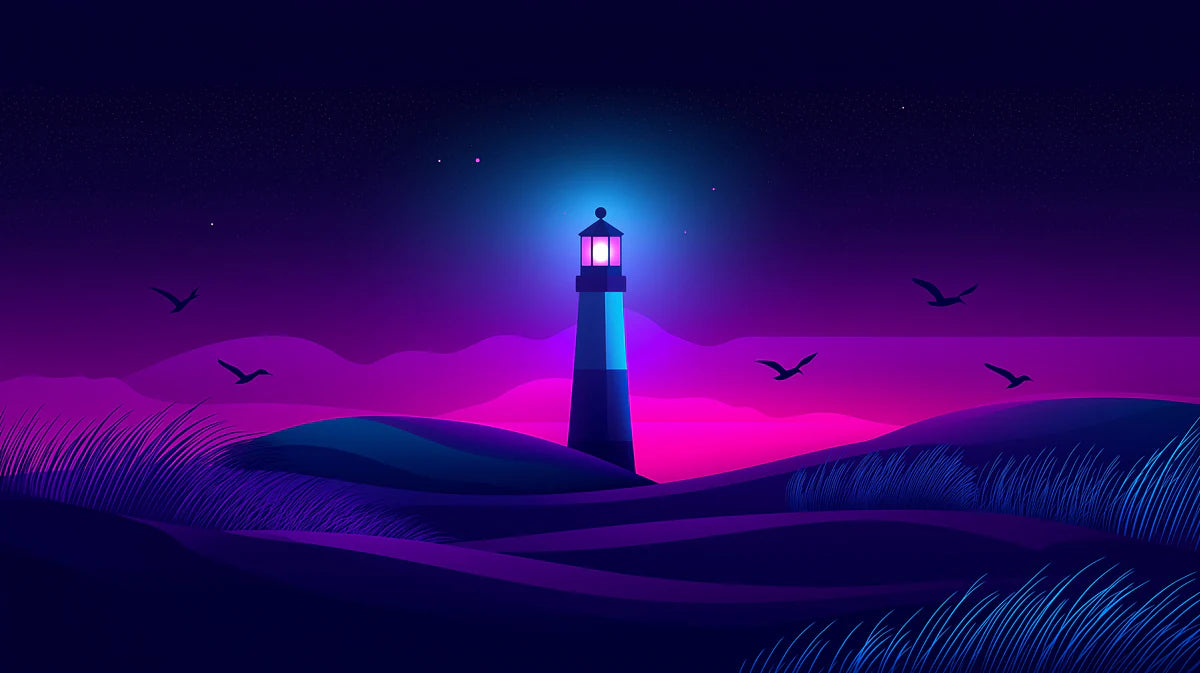 Neon Lighthouse Night Mural Wallpaper — Cinematic Coastal Art Mural Wallpaper - room preview 02