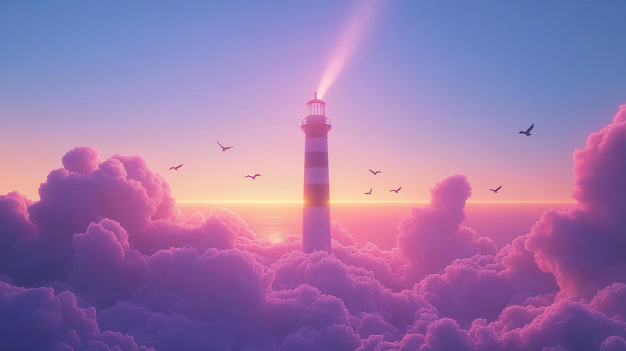 Papier peint mural Phare au-dessus des nuages — Papier peint mural Coucher de soleil côtier rêveur printable artwork