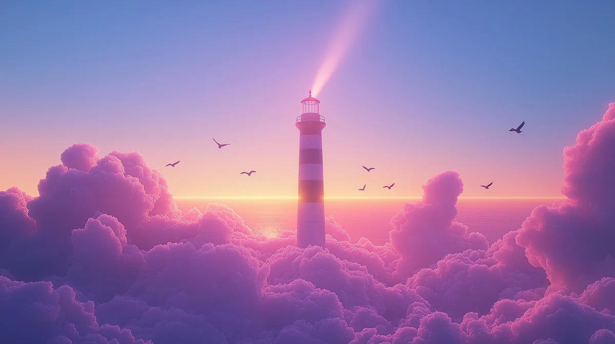 Lighthouse Above Clouds Mural Wallpaper — Dreamy Coastal Sunset Mural Wallpaper - room preview 02