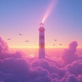 Lighthouse Above Clouds Mural Wallpaper — Dreamy Coastal Sunset Mural Wallpaper - room preview 02