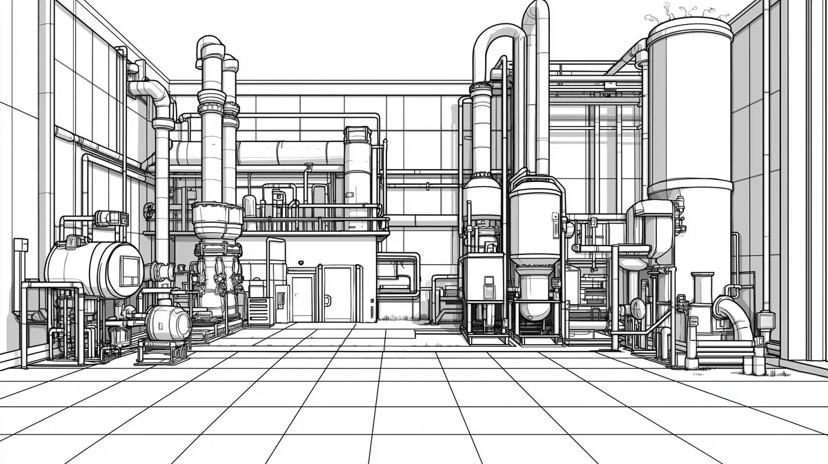 Industrial Blueprint Line Art Mural Wallpaper — Minimalist Factory Mural Wallpaper - room preview 02