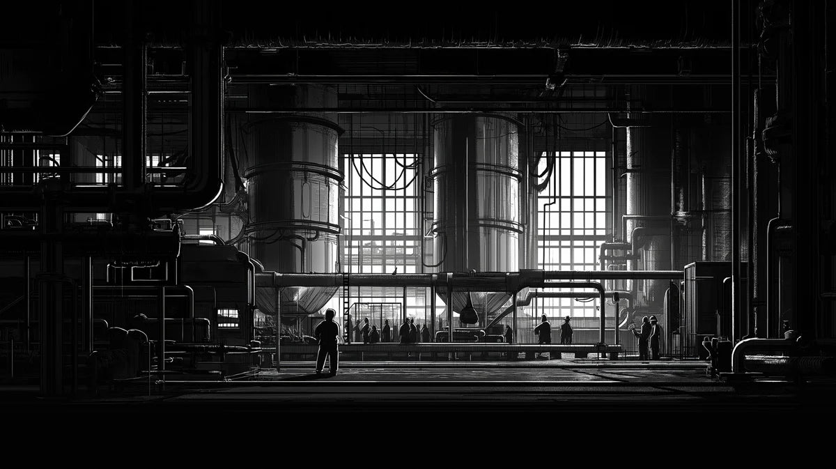 Industrial Factory Hall Mural Wallpaper — Monochrome Urban Art Mural Wallpaper - room preview 02