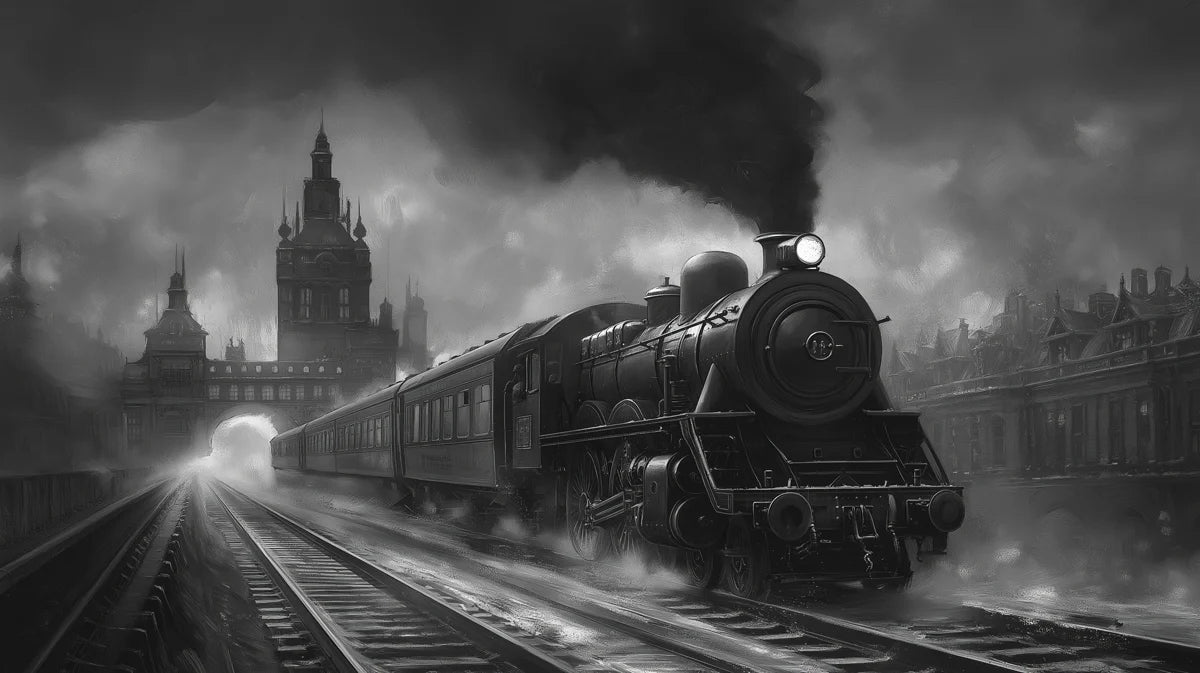 Vintage Steam Train Mural Wallpaper — Moody Industrial Landscape Mural Wallpaper - room preview 02