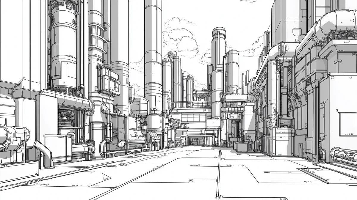 Industrial Complex Sketch Mural Wallpaper — Modern Urban Line Art Mural Wallpaper - room preview 02