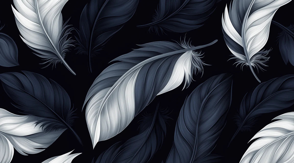 Floating Monochrome Feather Mural Wallpaper — Moody Artistic Pattern Mural Wallpaper - room preview 02