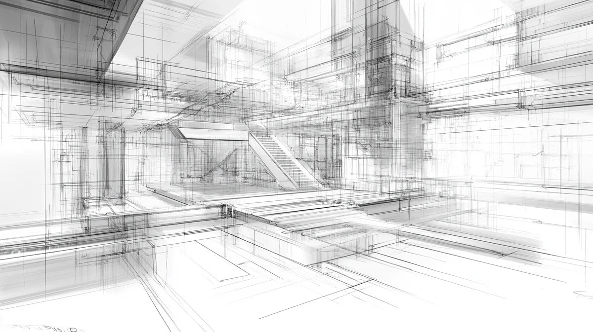 Architectural Sketch Mural Wallpaper — Modern Monochrome Blueprint Mural Wallpaper - room preview 02