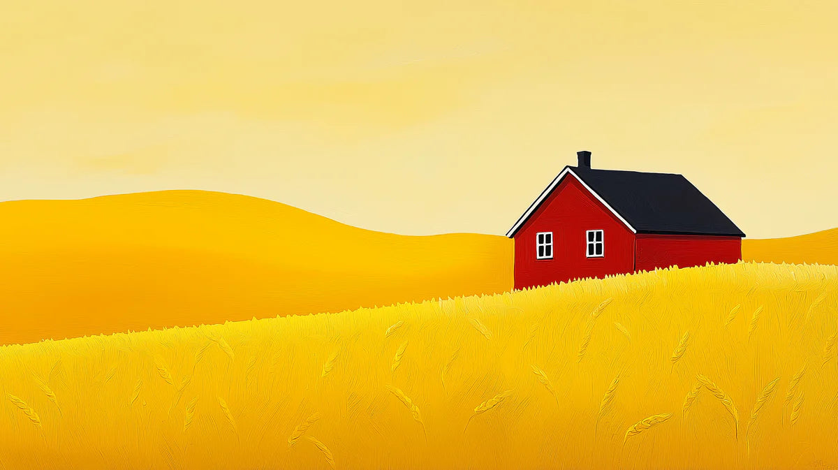 Stylized Red House in Golden Field Mural Wallpaper — Minimalist Decor Mural Wallpaper - room preview 02