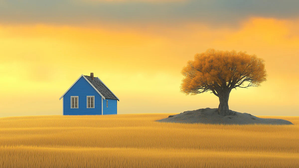 Blue House and Autumn Tree Mural Wallpaper — Minimalist Landscape Mural Wallpaper - room preview 02