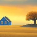 Blue House and Autumn Tree Mural Wallpaper — Minimalist Landscape Mural Wallpaper - room preview 02