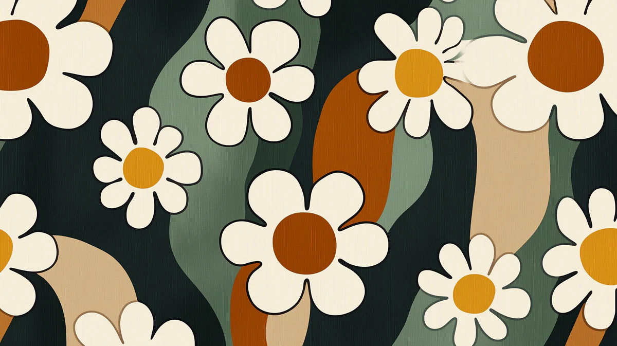 Retro Daisy Wave Mural Wallpaper — Mid-Century Botanical Design Mural Wallpaper - room preview 02