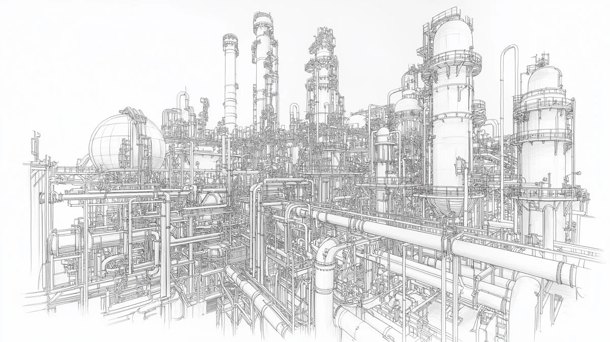 Industrial Complex Sketch Mural Wallpaper — Intricate Line Art Design Mural Wallpaper - room preview 02