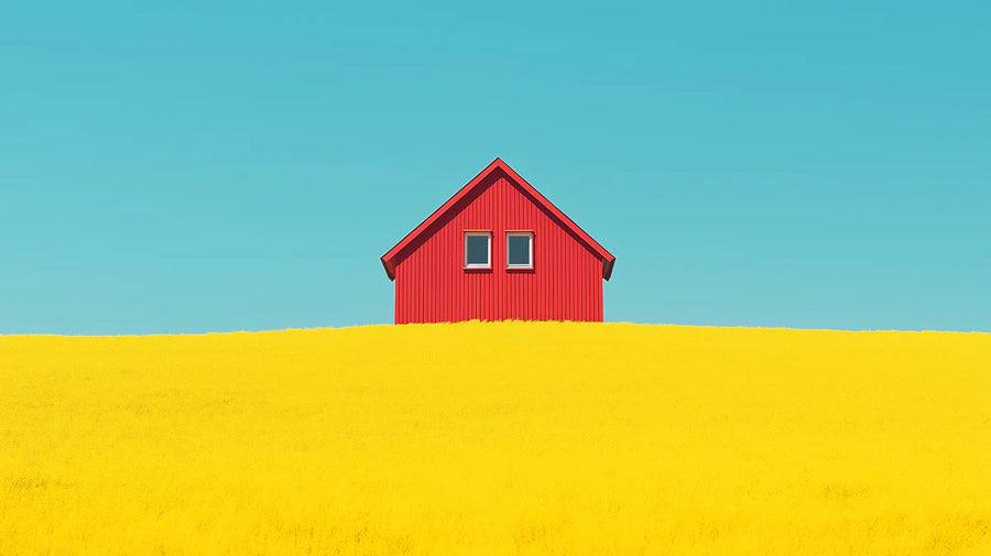 Landscape Wallpaper Mural – Scenery Wall Mural – Minimalist Red House in Yellow Field Vibrant Architectural Landscape printable artwork