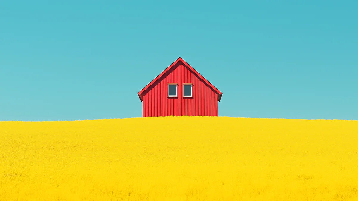 Minimalist Red House in Yellow Field Mural Wallpaper Vibrant Architectural Landscape Mural Wallpaper - room preview 02