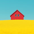 Minimalist Red House in Yellow Field Mural Wallpaper Vibrant Architectural Landscape Mural Wallpaper - room preview 02