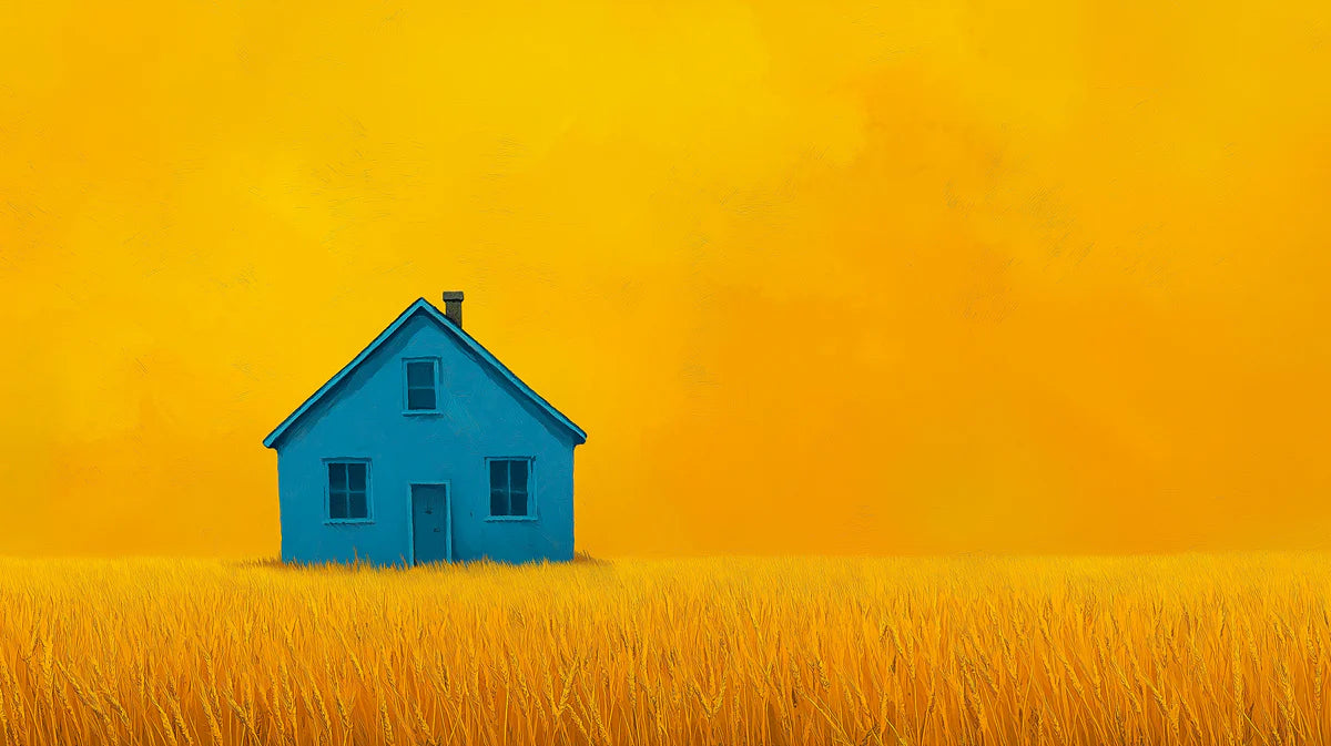 Blue House in Golden Field Mural Wallpaper — Minimalist Landscape Mural Wallpaper - room preview 02
