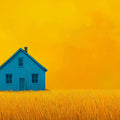 Blue House in Golden Field Mural Wallpaper — Minimalist Landscape Mural Wallpaper - room preview 02